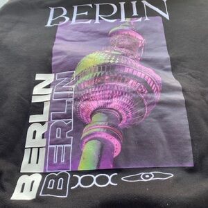 Berlin TV Tower Graphic Hoodie— Black with Purple & Green Print